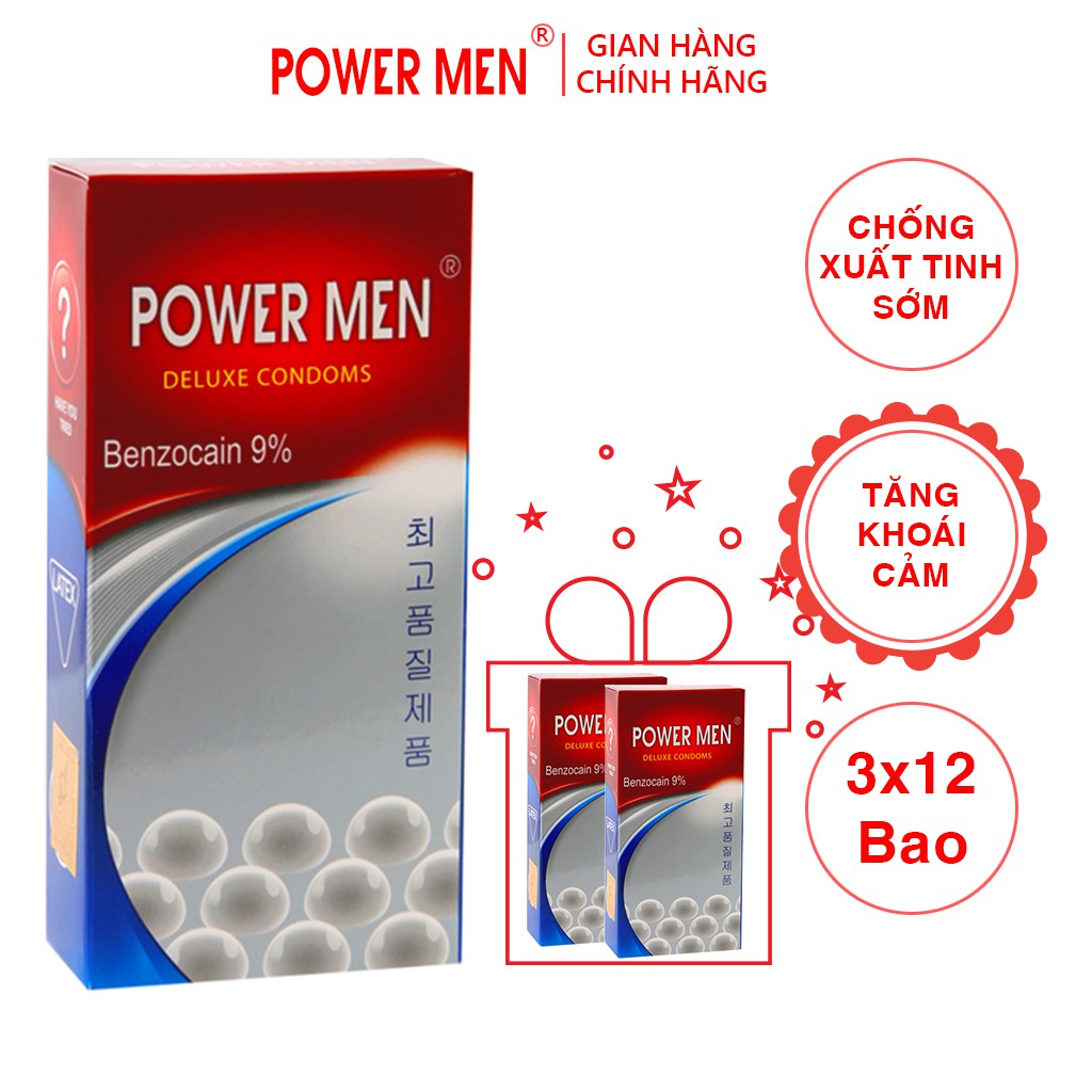 Combo 3 Hộp Bao cao su Powermen Longer Plus New Hộp 12 chiếc