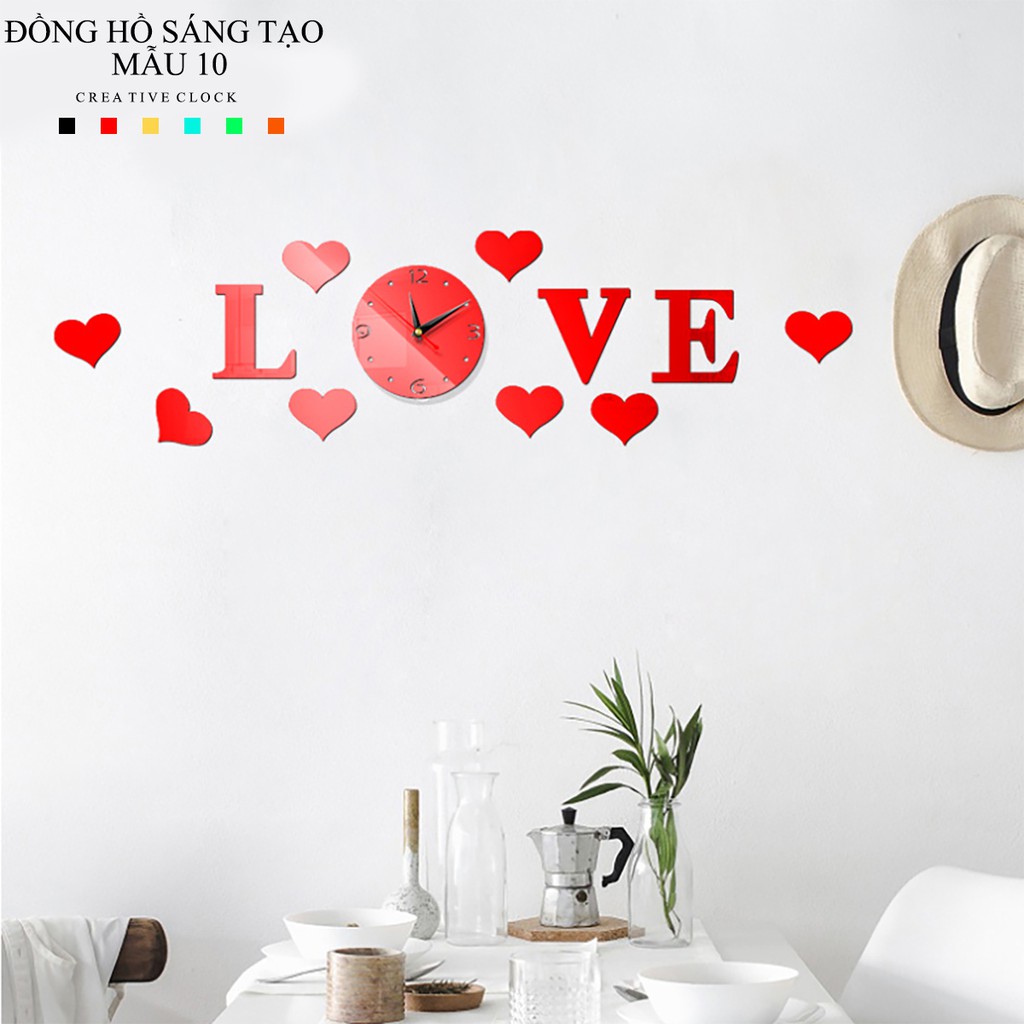 [Mẫu 10 Love] Đồng hồ dán tường mica cao cấp, đồng hồ trang trí decor, quán cà phê, trà đá hình chữ love