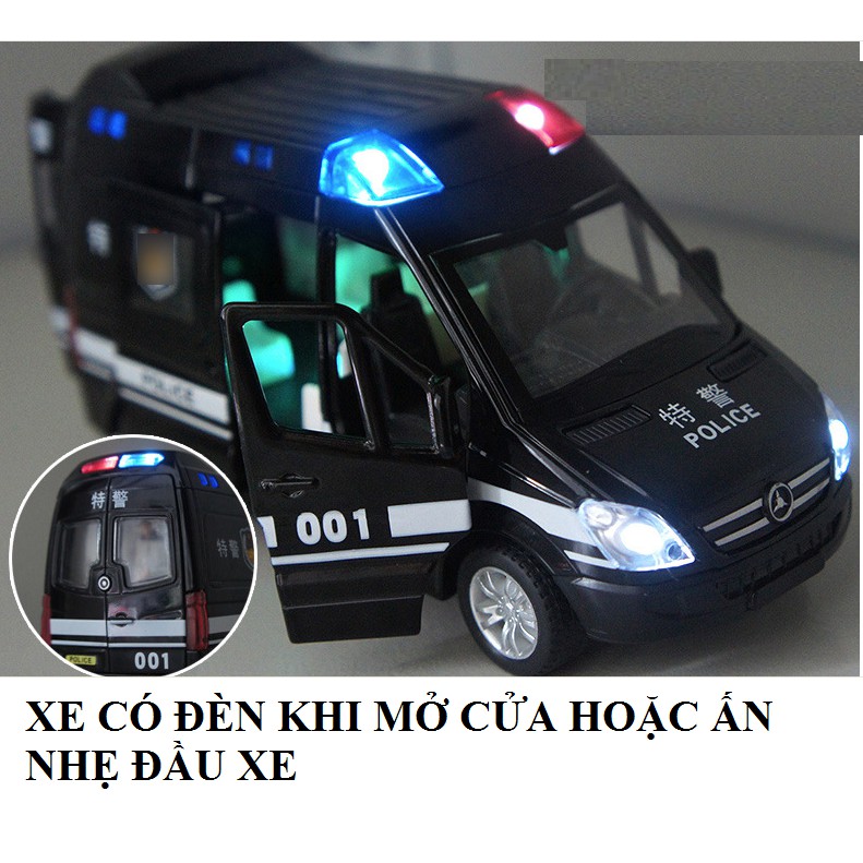 Đồ chơi xe ô tô cảnh sát bằng sắt có âm thanh và đèn mở các cửa