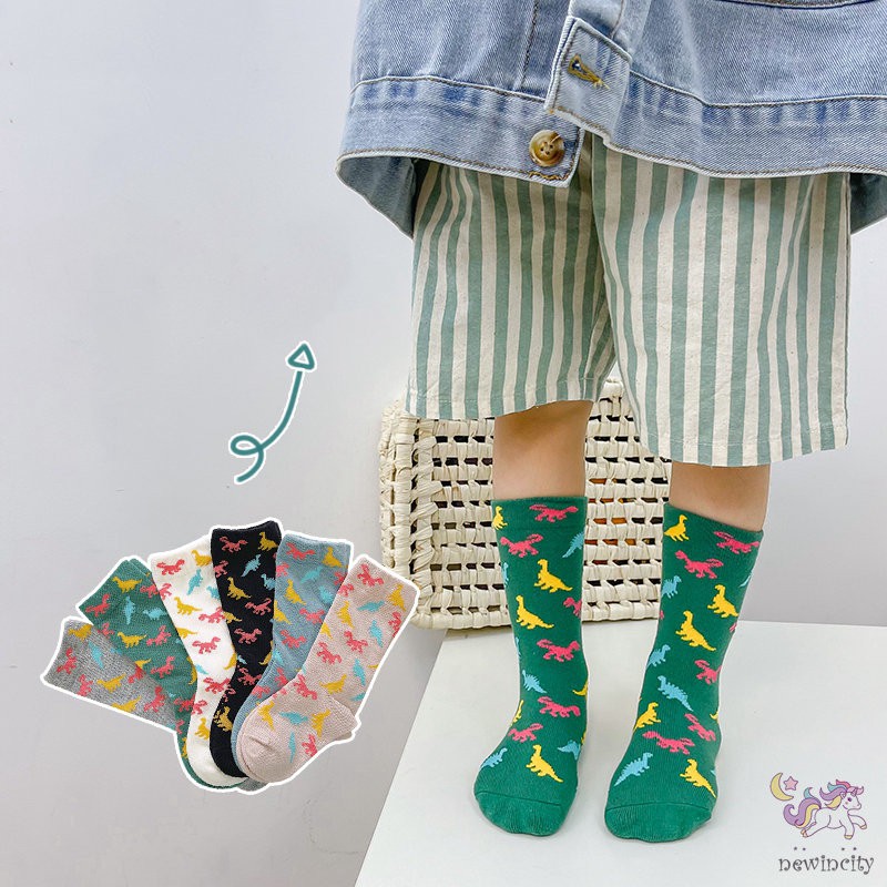 Set 3 Đôi Tất Cotton In Hình Khủng Long Hoạt Hình Nhiều Màu Sắc Cho Bé