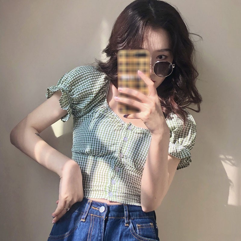 Áo Kiểu Tay Ngắn Cổ Vuông Phối Nút Hoạ Tiết Kẻ Sọc Đáng Yêu Cho Phái Nữ | BigBuy360 - bigbuy360.vn