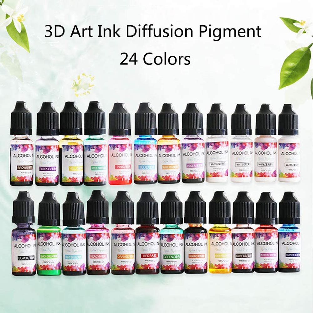 24 Colour 10ML Alcohol Ink Diffusion Resin Pigment Kit Liquid Colorant Dye Art DIY