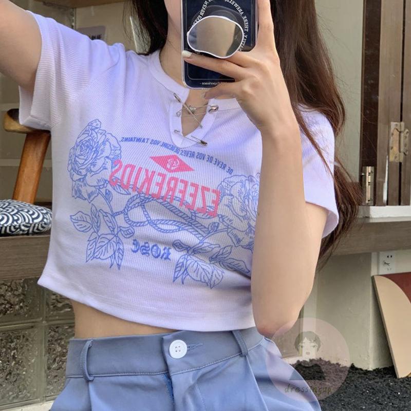 Áo Thun Nữ Ngắn Tay Họa Tiết Hoa Thời Trang Mùa Hè Màu Đen/Trắng