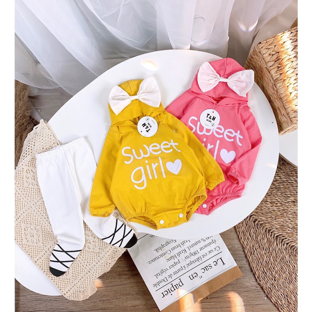 Bộ body hoodie cho bé gái Nina Kids Boutique Body dài tay chất cotton Kèm quần tất Size 0m - 24m