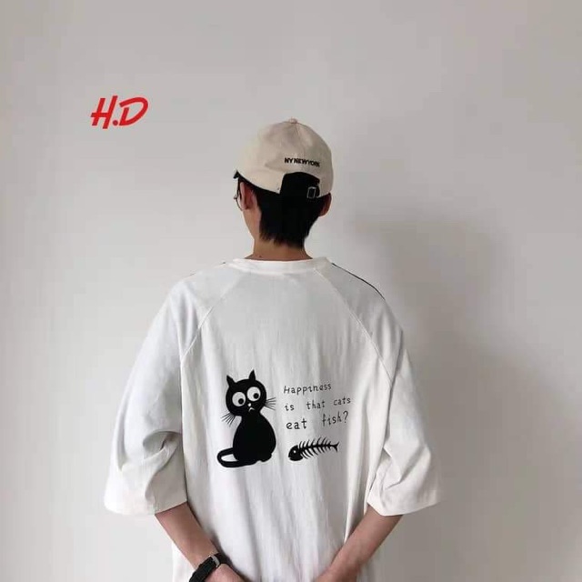 Áo phông  mèo đen xương cá in lưng HDA0619