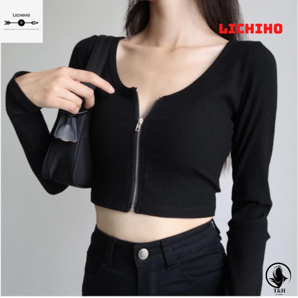 Áo croptop tay dài dây kéo ulzzang CT01 LICHIHO áo thun nữ tay dài quyến rũ