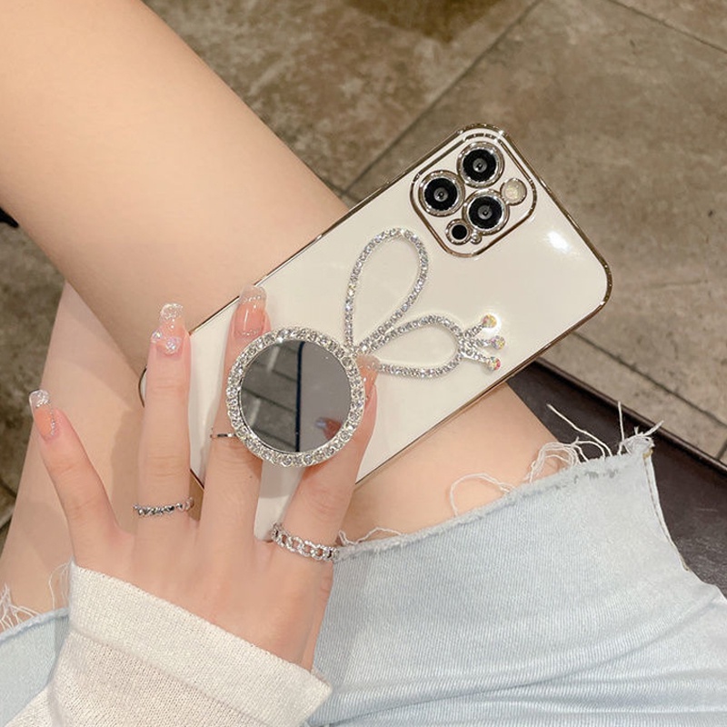 Ốp Điện Thoại Mềm Mạ Gương Đính Đá Có Giá Đỡ Hình Vuông Cho Samsung Galaxy M11 M42 A42 M31 M30S M23 F23 M32 M53 M33 F62 M62 M51 A01 A23 A51 A71 A50 A50S A30S A70 A30 A31 A12 A11 A10S A10 A20S A21S A32 A52 A72