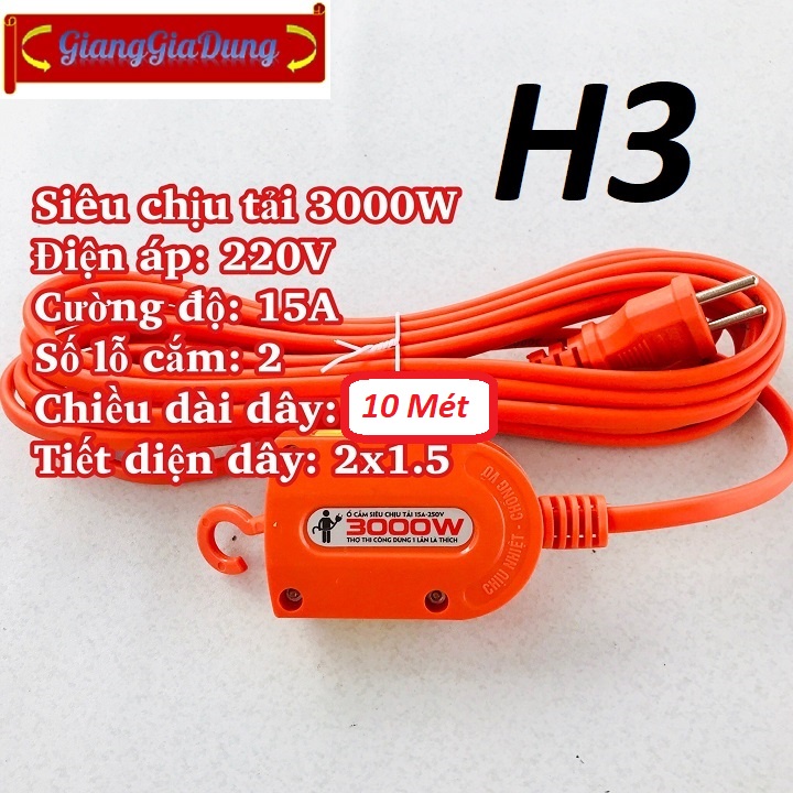 Ổ Cắm Điện - Đầu Nối Điện 2 Cổng Có Móc Treo Siêu Dài 10 Mét SOPOKA S10-3000W Siêu Chịu Tải