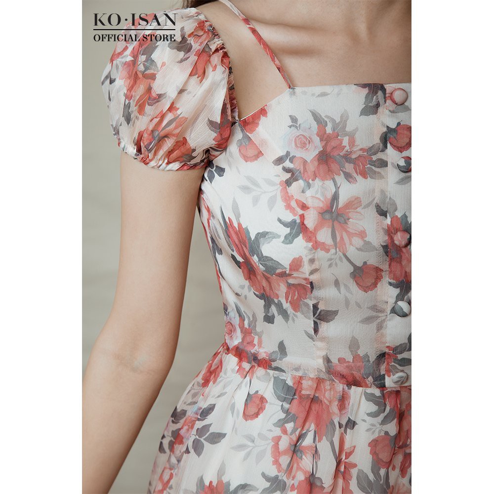 Đầm hai dây nữ KO-ISAN vải chiffon mỏng nhẹ, họa tiết hoa nhí màu hồng thanh lịch  - 21056503-1