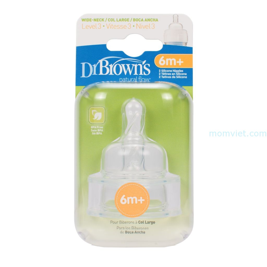 [Chính Hãng] HỘP 2 NÚM TY SILICONE DR.BROWN'S CỔ RỘNG LEVEL 1-2-3-4- ycut