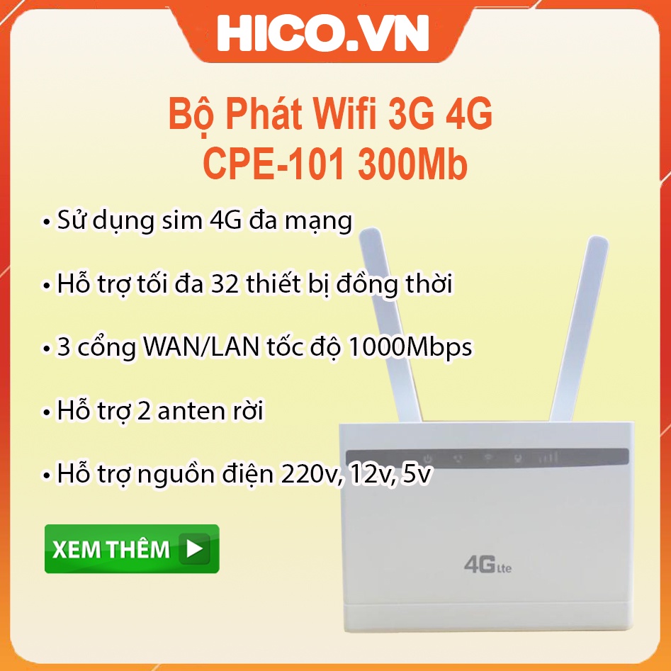 Bộ Phát Wifi Từ Sim 3G 4G LTE CPE 101 - 3 Cổng Lan , Truy Cập Tối Đa 32 Thiết Bị , Lắp Cho Oto Khách , Camera , TV Smart