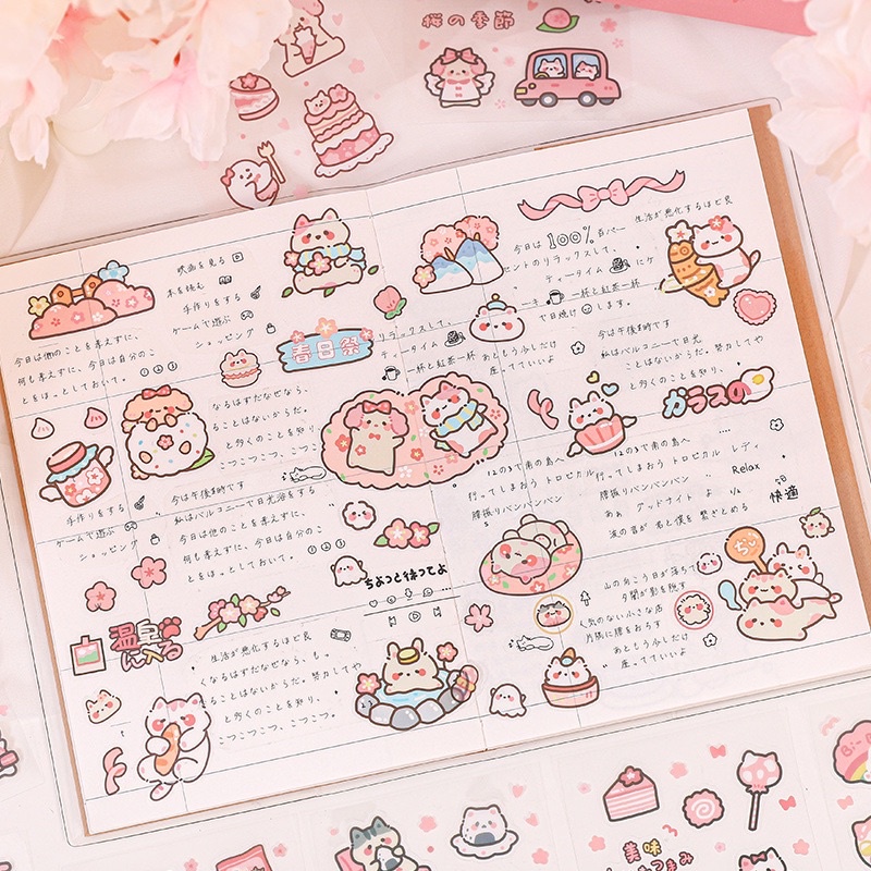 Sticker cute/Set hộp 200 tấm hình dán dễ thương Sakura Party trang trí sổ planner bullet journal Hàn Quốc Tẻn Tẻn