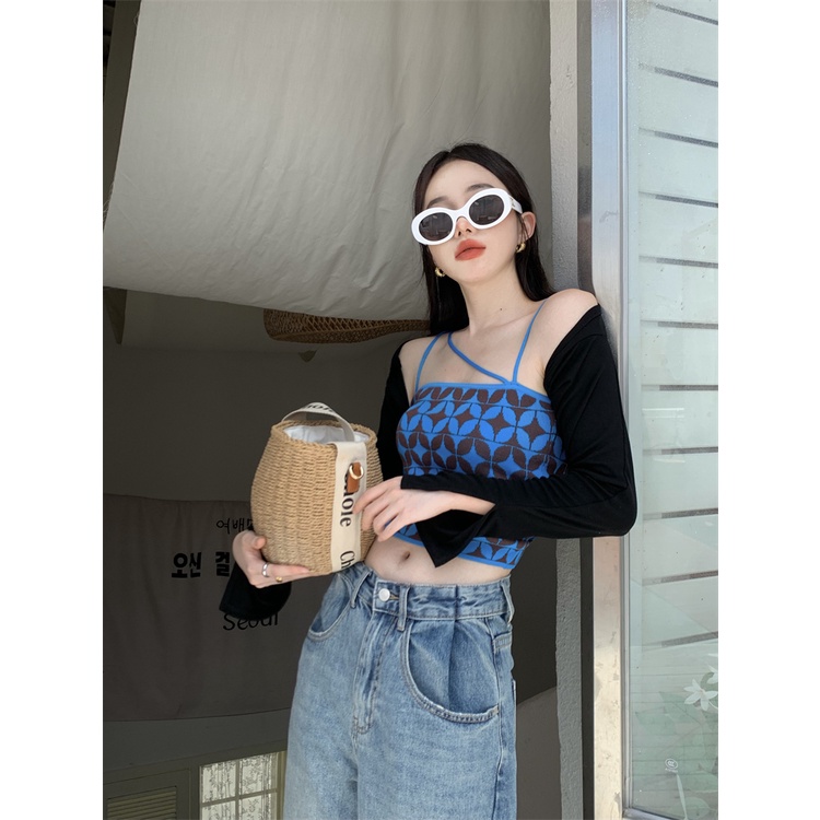 Áo Croptop Dệt Kim Màu Xanh Tương Phản Phong Cách Hàn Quốc