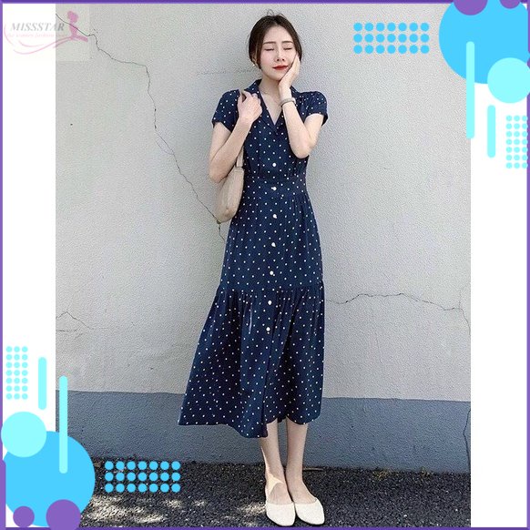 Đầm Xòe Chấm Bi Cánh Dơi Cổ Vest Sang Chảnh, Nữ Tính, Trẻ Trung, Chất Lụa Bi Cao Cấp Dày Mềm Mịn, Mát, Bền Đẹp