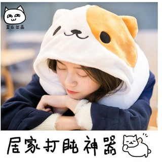 Gối Kê Cổ Chữ U Có Mũ Trùm Đầu Hình Mèo Hoạt Hình Xinh Xắn