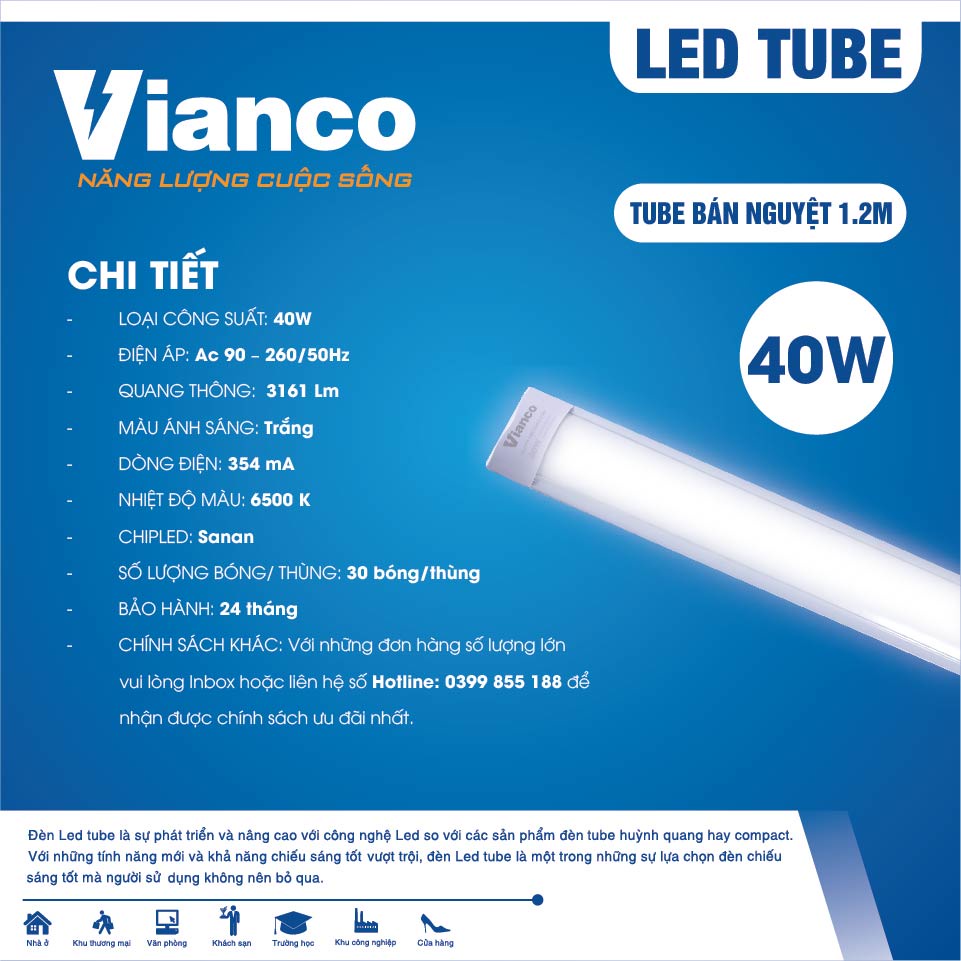 Đèn Led Tube Bán Nguyệt VIANCO Thiết Kế Thân Tôn Tản Nhiệt Trang Nhã, Độ Sáng Cao