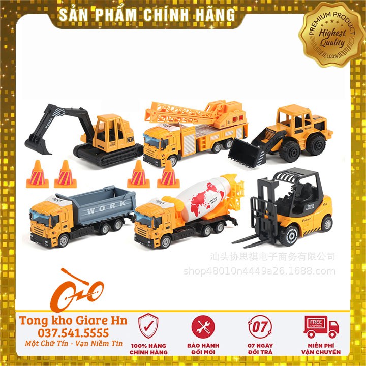 Xe công trình, Bộ 6 xe công trình hợp kim cho bé, Xe có cót kéo thả, xe cẩu, xe múc, xe ben, xe bồn, xe nâng, xe ủi