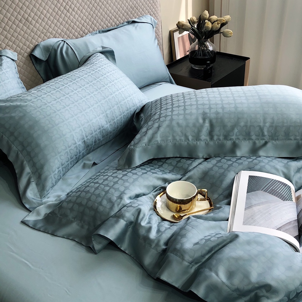 Bộ chăn ga gối lụa cao cấp 100%Tencel 120 Hoa văn dệt nổi Jacquard sang trọng, họa tiết bông hoa may mắn