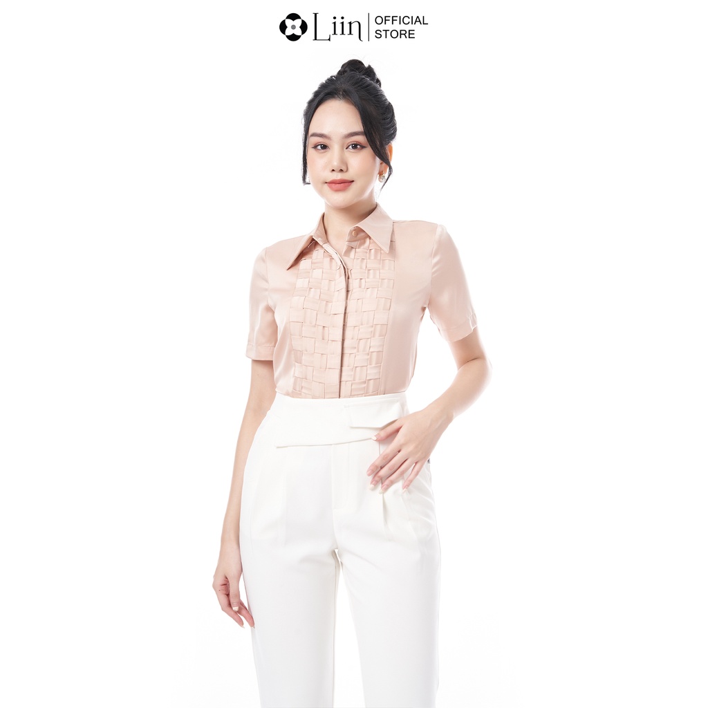 Áo sơ mi linbi cộc tay chất vải lụa màu be thiết kế đan ô vuông kiểu dáng trẻ trung, thanh lịch SM4309