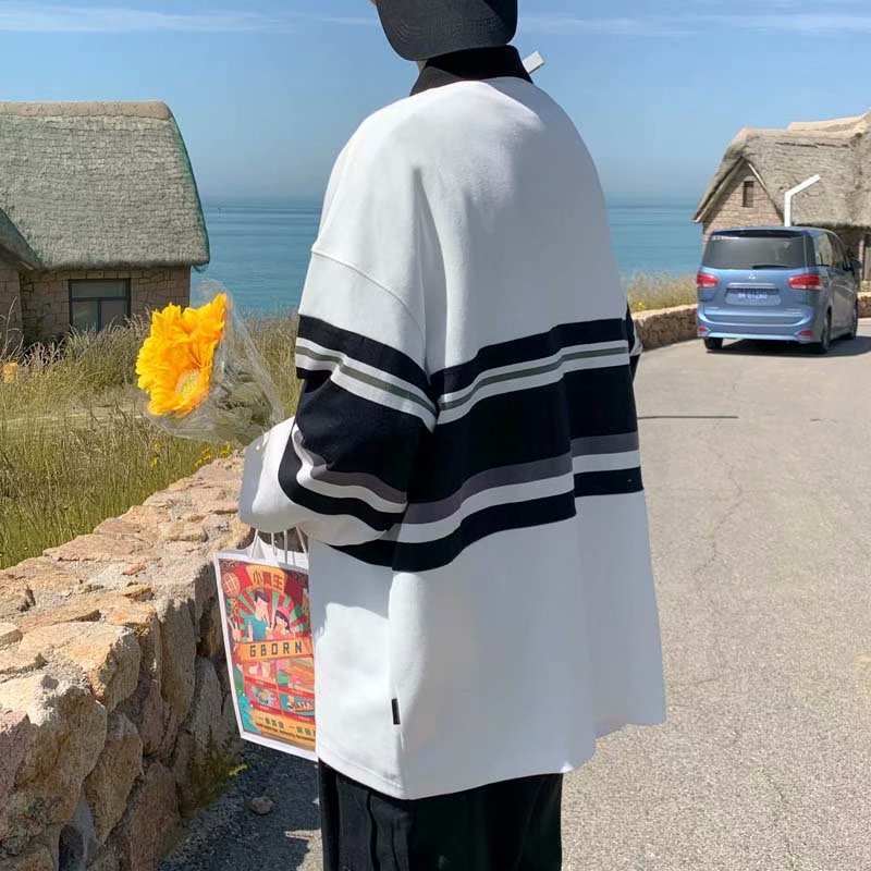 Áo Sweater chui đầu dáng rộng kẻ sọc kiểu Hàn Quốc thời trang cho nam