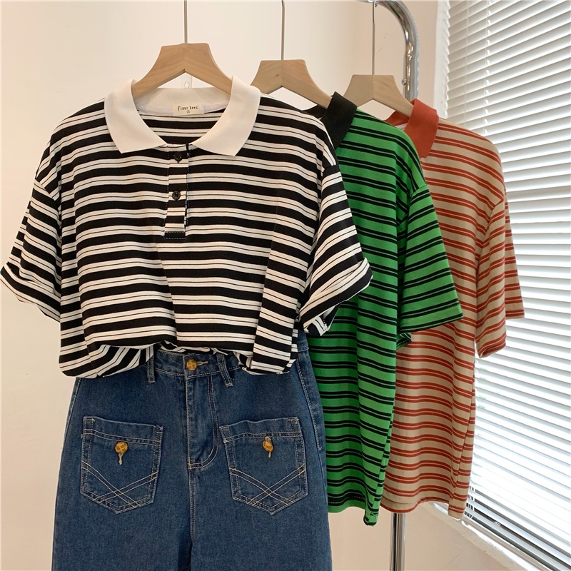 SUXI Áo polo Ngắn Tay Dáng Rộng Họa Tiết Kẻ Sọc Tương Phản Thời Trang Mùa Hè Cho Nữ