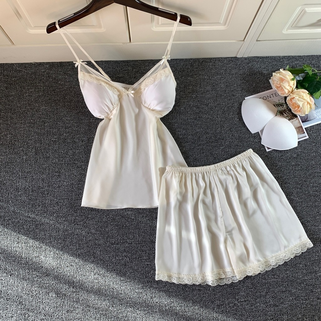 Bộ Đồ Ngủ Áo Hai Dây + Quần Short Chất Lụa Thời Trang Mùa Hè Quyến Rũ Cho Nữ