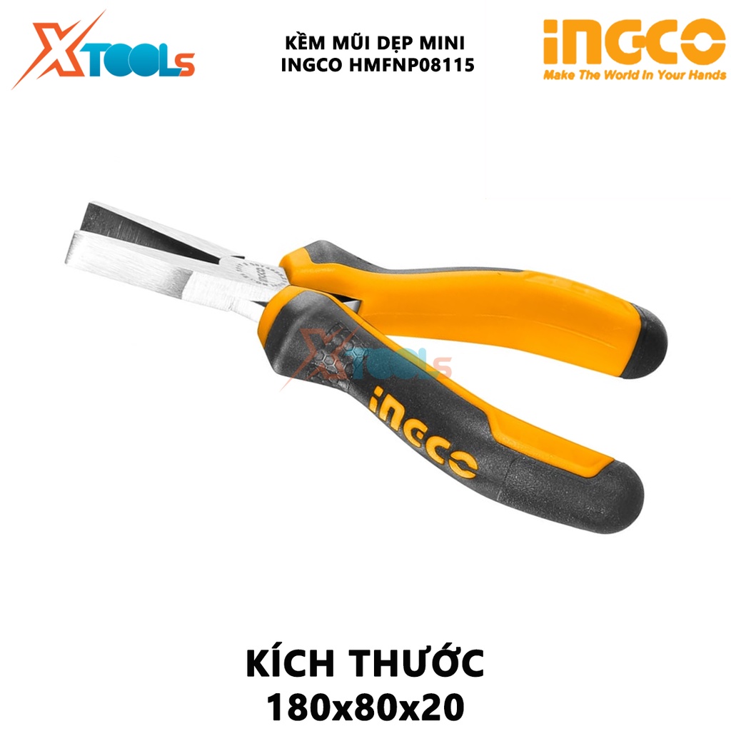 Kềm mũi dẹp mini INGCO HMFNP08115 kìm mũi dẹp kích thước 4.5&quot;/ 115mm đầu kềm được đánh bóng và chống gỉ, dùng cắt, kẹp