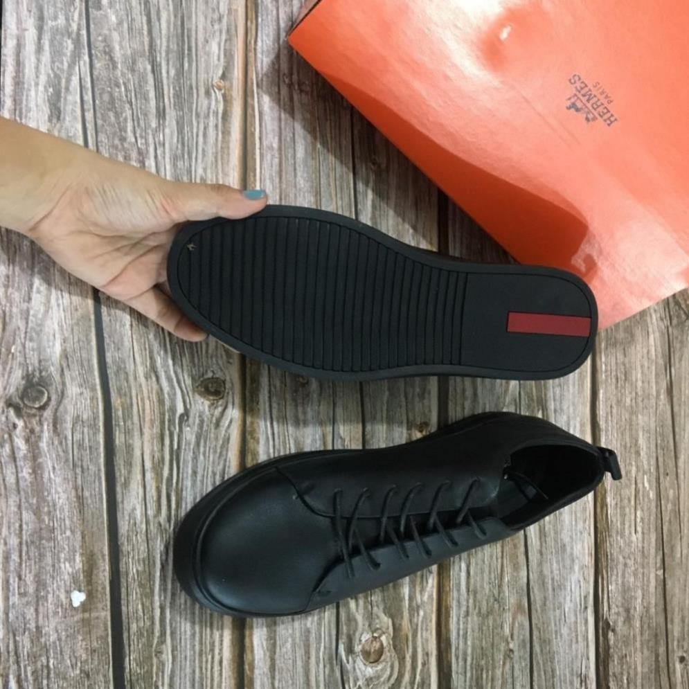 Giày Thể Thao - Giày Nam Cao Cấp Da Bò Buộc Dây Màu Đen Đế Cao Su Bảo Hành Da 12 Tháng