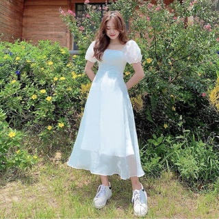 Váy babydoll ulzzang dự tiệc tay phồng, Đầm babydoll trắng tiểu thư sang chảnh cổ vuông dáng dài AS04