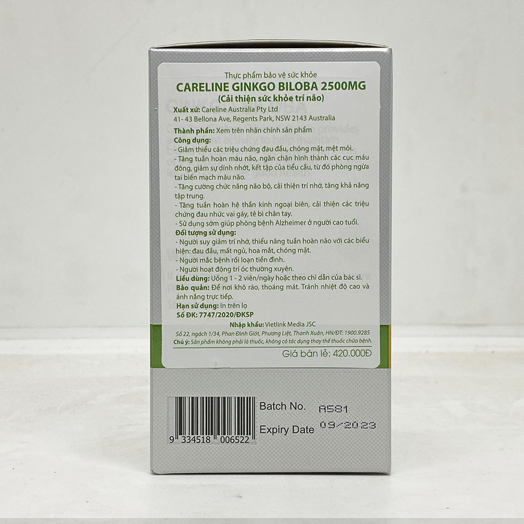 Careline Ginkgo Biloba 2500mg hộp 60 viên - Viên uống cải thiện trí não