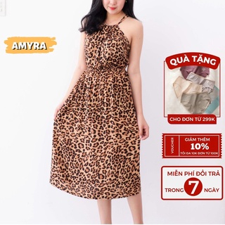 Đầm trung niên maxi đi biển cổ yếm eo bo thun AMYRA - Váy cho mẹ đi biển maxi vải lanh thoáng mát mặc nhà, đi chơi Va063