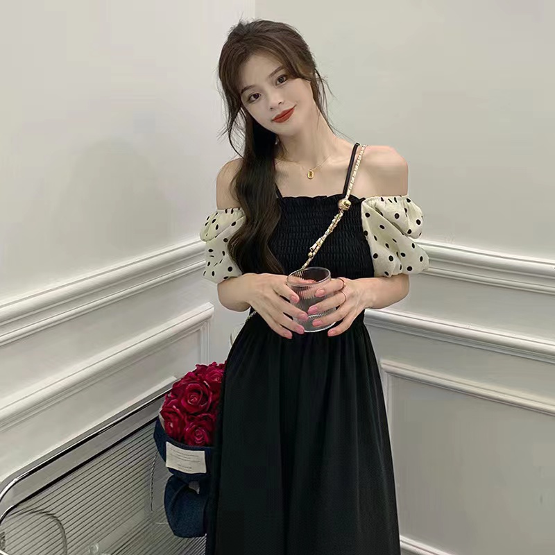 Đầm PERTY dáng dài tay ngắn phồng họa tiết chấm bi phong cách Hàn Quốc mới thời trang mùa hè dành cho nữ