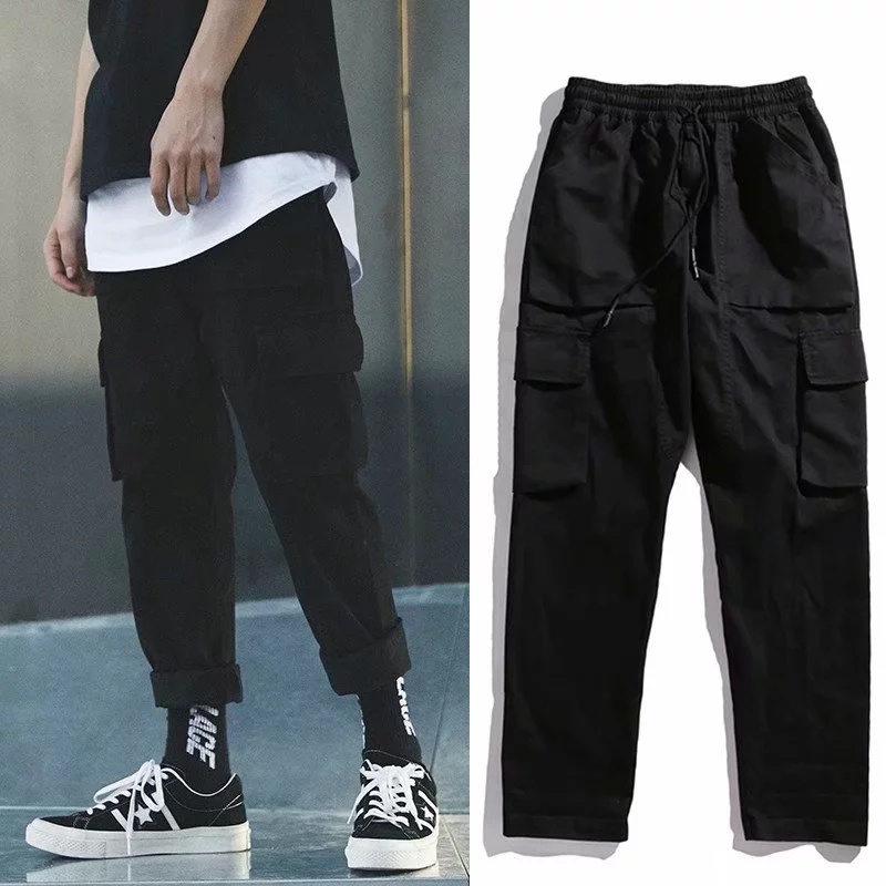 Quần Hiphop Ống Rộng Nhiều Túi Cotton Màu Trắng/Đen Thời Trang Cho Nam