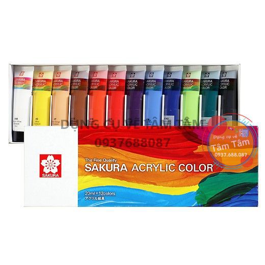 [ TÂM TÂM ]-Sakura Acrylic color bộ 12 màu 20ml, Acrylic sakura 12 màu 20 ml-