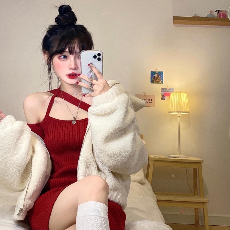 Đầm len nữ đỏ sexy lệch vai, bó sát hotgirl 2 màu đen, đỏ đi chơi lễ, Tết, Giáng Sinh