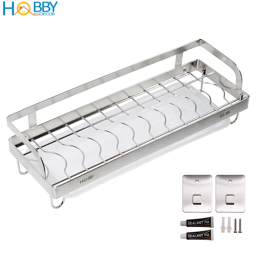 Kệ đựng chén đĩa HOBBY KCD Inox 304 dán tường gạch men - kèm keo dán và khay hứng nước - 2 kích thước