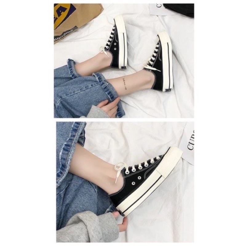 Giày bata nữ đi học thể thao sneaker cổ thấp hai màu trắng đen đế cao 3 cm JAENIA G006
