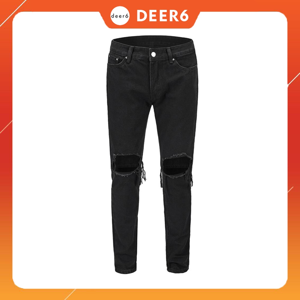 Quần jeans đen rách gối khóa kéo zipper streetwear k66