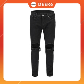 Quần jeans đen rách gối khóa kéo zipper streetwear k66