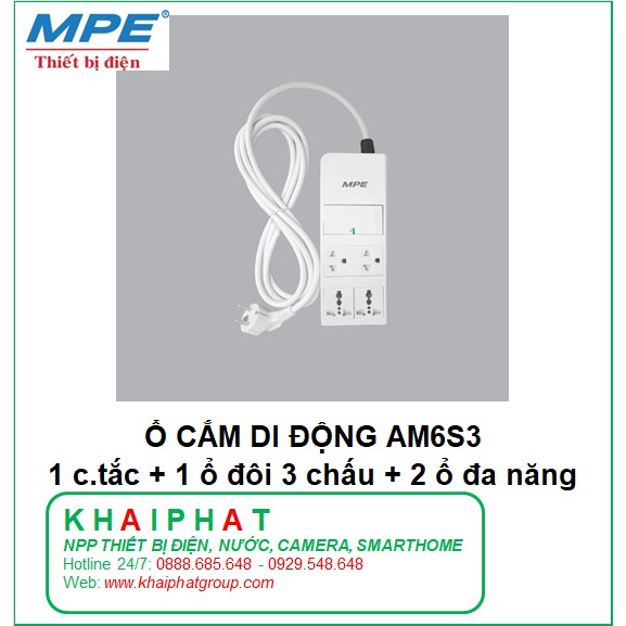 Ổ CẮM ĐIỆN DI ĐỘNG, DU LỊCH 1 công tắc 2 cực 20A 1 ổ cắm đôi 3 chấu 2 ổ cắm đơn đa năng 1.5 AM6S3 MPE - KHẢI PHÁT