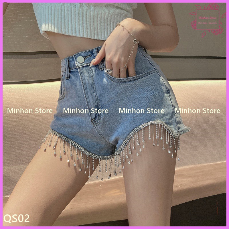 [Freeship] Quần Short Jean Nữ Đính Đá Gấu Tua Rua Quyến Rũ (Minhon Store QS02)