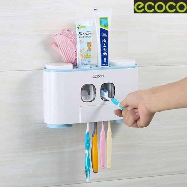 Dụng cụ lấy kem đánh răng ECOCO dán tường - hộp nhả kem kèm 4 ly nhựa và khay treo bàn chải