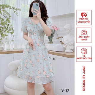 Váy voan hoa cam cổ V dáng xòe phong cách tiểu thư Hàn Quốc, đầm tự thiết kế Jane V02