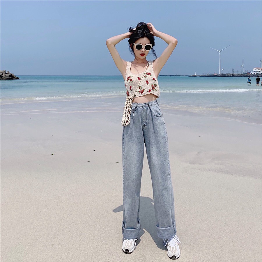 Quần Jean ống rộng YAYSHOP phong cách Uzzang họa tiết cài eo chất dày dặn tôn dáng | BigBuy360 - bigbuy360.vn