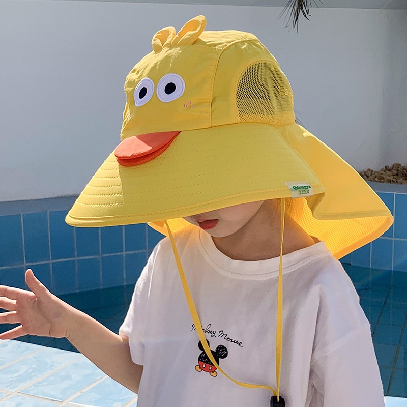 Mũ Tai Bèo Vành Rộng Phối Lưới Thoáng Khí Chống Tia UV Có Dây Rút Họa Tiết Hoạt Hình Dễ Thương Cho Bé