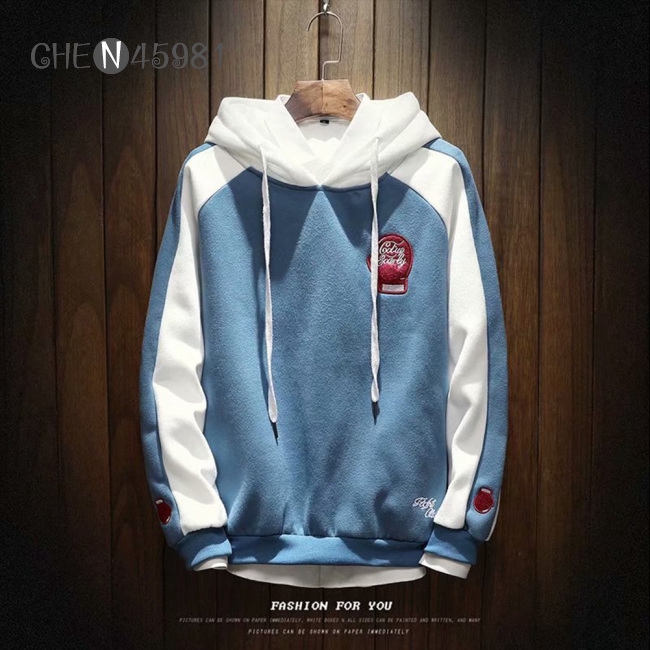 Men Campus Casual Loose Fleece Hoodeid Long-Sleeved Letters Printed Sweater Coat