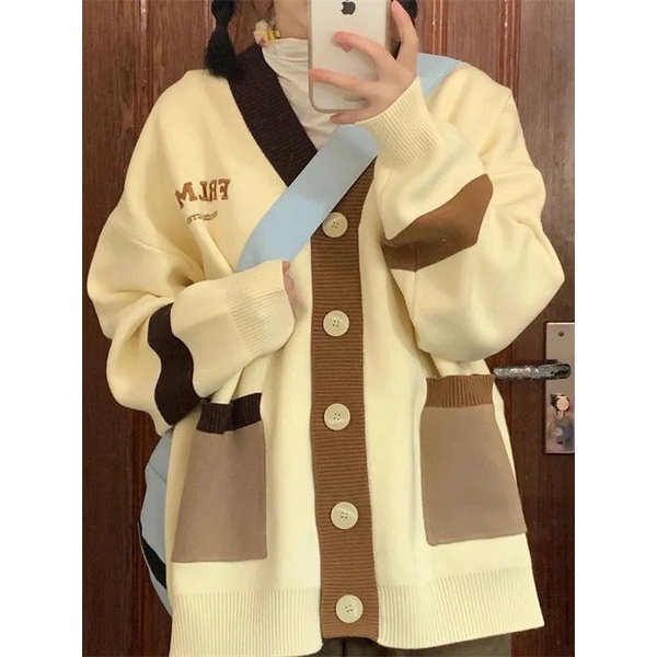 Áo Khoác Cardigan Dệt Kim Dáng Rộng Thêu Chữ Phối Màu Tương Phản Cá Tính Thời Trang
