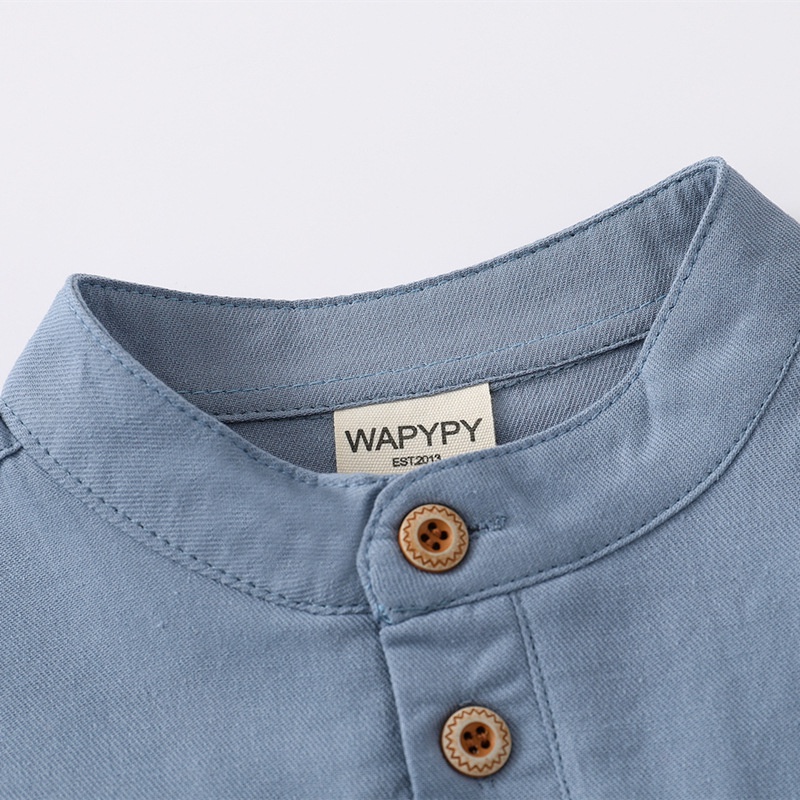 Áo sơ mi cộc tay cho bé trai Wapypy phong cách Hàn Quốc, cổ chữ V, 100% cotton mới nhất cho mùa hè 2022