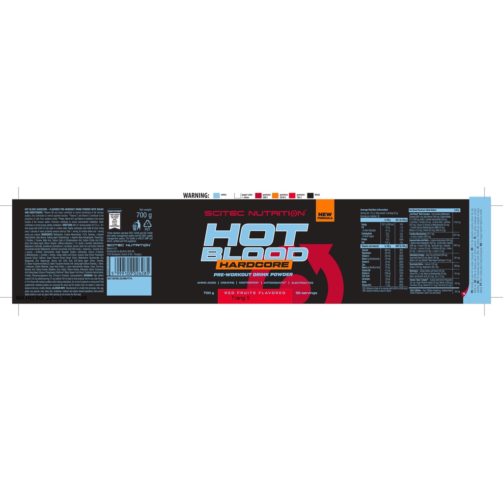 Pre-Workout | HOT BLOOD HARDCORE SCITEC| Hỗ trợ tập luyện, tăng sức mạnh, sức bền, sự tập trung, tập không kiệt sức.