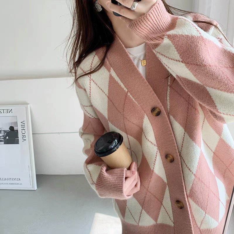 Áo khoác cardigan nữ Maikalông thỏ dáng rộng hoạ tiết kim cương siêu mịn phong cách Hàn Quốc, phụ kiện thời trang nữ YUN